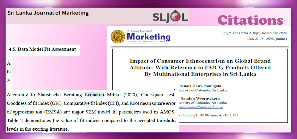 SEM model Fit results in IBM AMOS – IBM SPSS.  Article: Impact of Consumer Ethnocentrism on Global Brand Attitude: With Reference to FMCG Products Offered By Multinational Enterprises in Sri Lanka